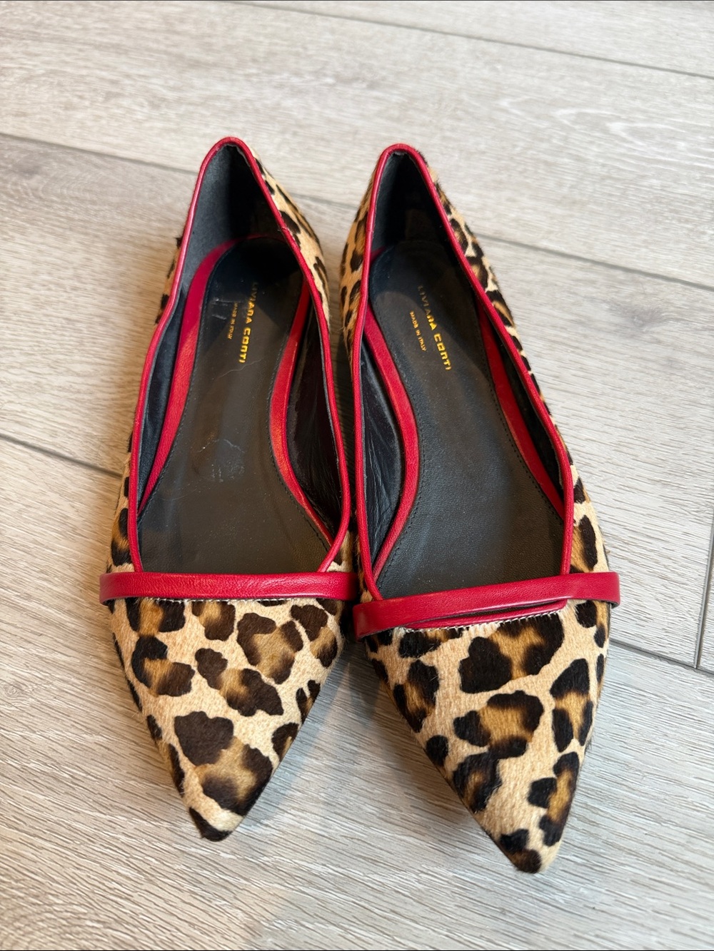 Liviana Conti Italian Leopard Print Pointed pony hair Toe Flats with Red Trim 6